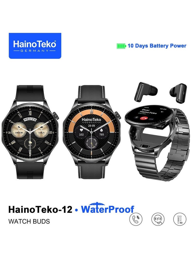 Haino Teko HainoTeko-12 Waterproof Smartwatch With Builtin Wireless Earbuds Large Screen AMOLED Display 3 Pair Straps and Charging Cable Designed for Men Black - Image 2